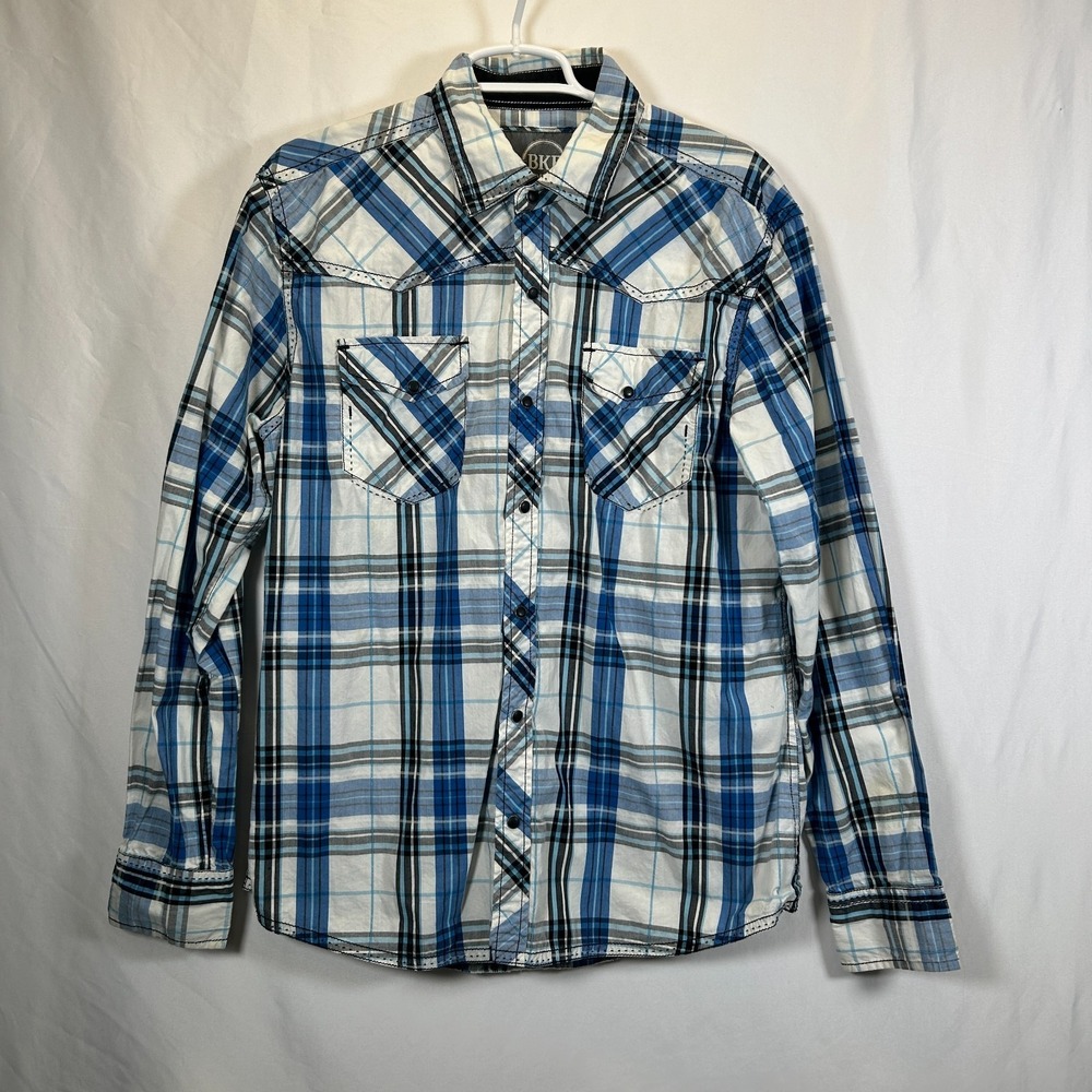 BKE Shirt Mens Large Blue Plaid Pearl Snap Western Long Sleeve Rodeo Athletic